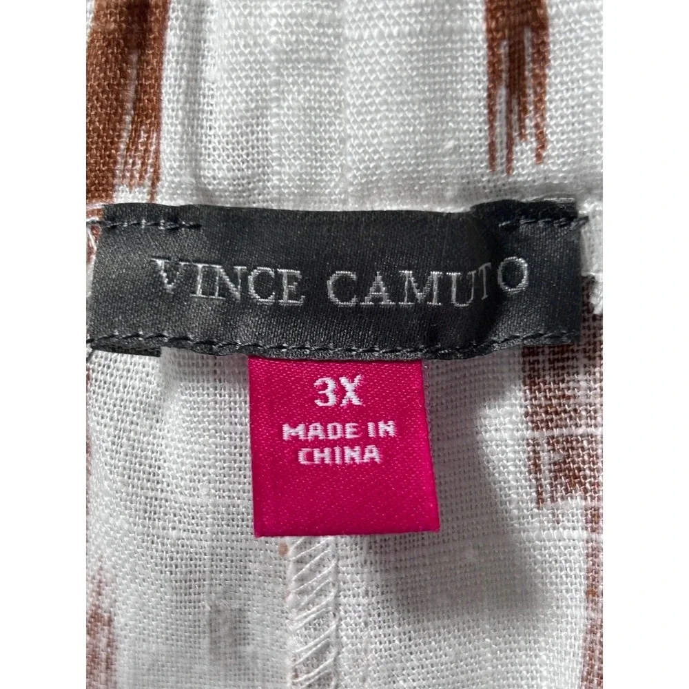 NEW‎ Vince Camuto 3X White Brown Ikat Linen Blend Wide Leg Crop Drawstring Pants